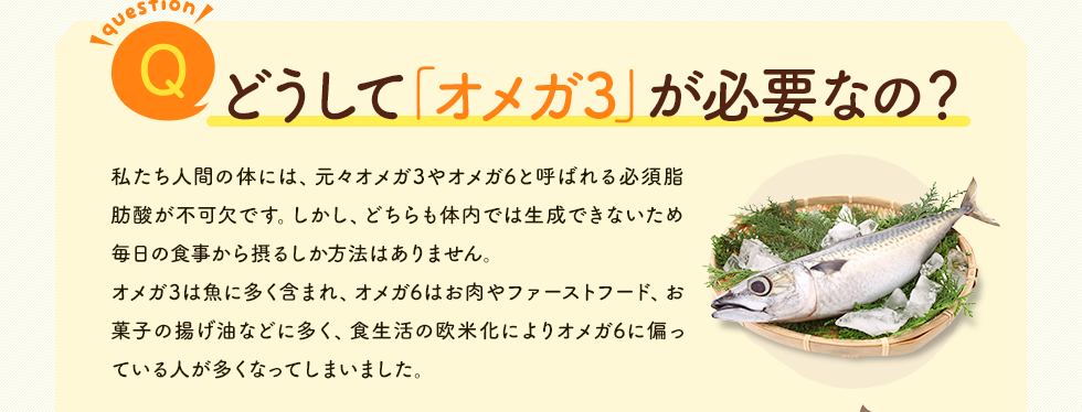 どうして「オメガ3が必要なの？　私たち人間の体には、元々オメガ3やオメガ6と呼ばれる必須脂肪酸が不可欠です。しかし、どちらも体内では生成できないため毎日の食事から摂るしか方法はありません。オメガ3は魚に多く含まれ、オメガ6はお肉やファーストフード、お菓子の揚げ油などに多く、食生活の欧米化によりオメガ6に偏っている人が多くなってしまいました。