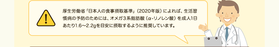 厚生労働省「日本人の食事摂取基準」（2020年版）によれば、生活習慣病の予防のためには、オメガ３系脂肪酸（α-リノレン酸）を成人1日あたり1.6～2.2gを目安に摂取するように推奨しています。