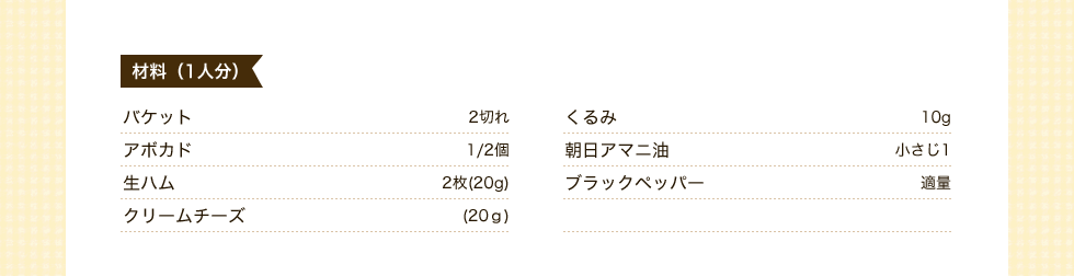 材料（1人分）バケット2切れ	アボカド1/2個　生ハム2枚(20g)　クリームチーズ(20ｇ)　くるみ１０ｇ朝日アマニ油小さじ１　ブラックペッパー適量