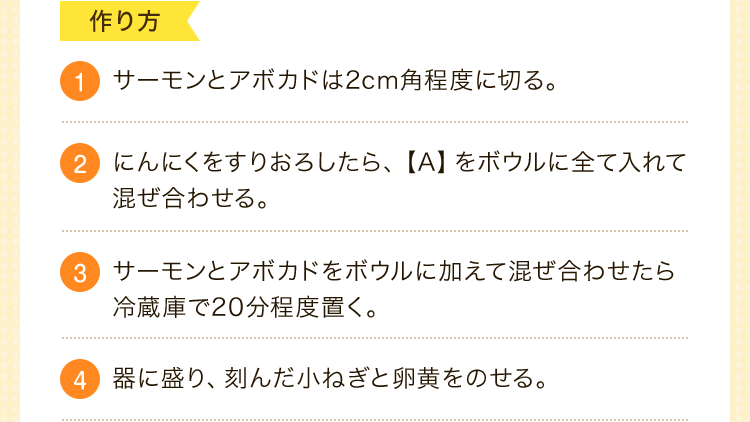 作り方　1.サーモンとアボカドは2cm角程度に切る。2.にんにくをすりおろしたら、【A】をボウルに全て入れて混ぜ合わせる。3.サーモンとアボカドをボウルに加えて混ぜ合わせたら冷蔵庫で20分程度置く。4.器に盛り、刻んだ小ねぎと卵黄をのせる。