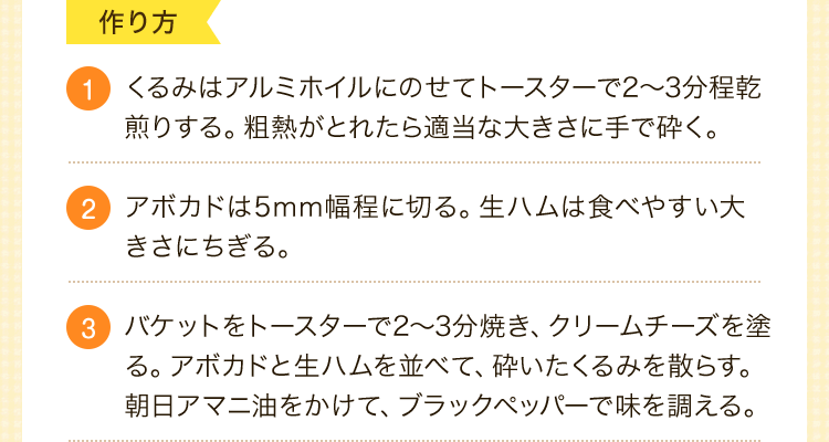 作り方　1.くるみはアルミホイルにのせてトースターで2～3分程乾煎りする。粗熱がとれたら適当な大きさに手で砕く。2.アボカドは5mm幅程に切る。生ハムは食べやすい大きさにちぎる。3.バケットをトースターで2～3分焼き、クリームチーズを塗る。アボカドと生ハムを並べて、砕いたくるみを散らす。朝日アマニ油をかけて、ブラックペッパーで味を調える。